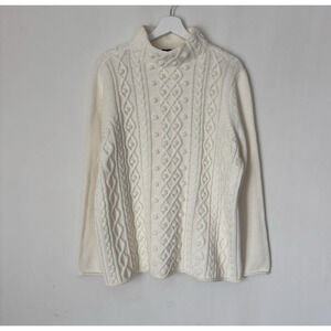 Talbots Sweater XL Ivory Cable Knit Hi Neck New Cardigan